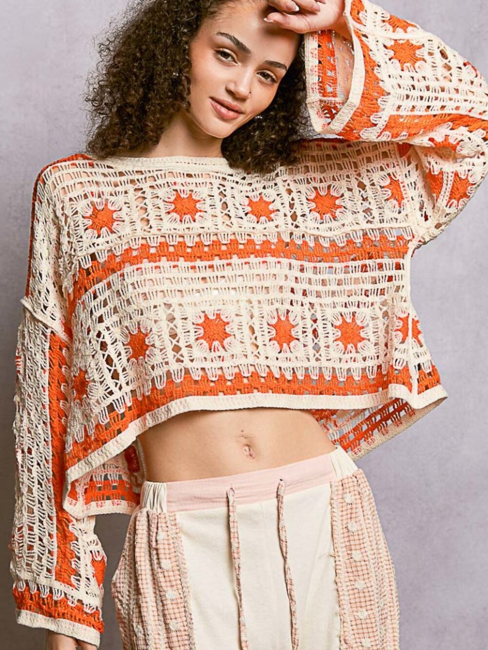 B53 POL Long Sleeeve Boat Neck Crochet Top Granny Square Orange NEW OS